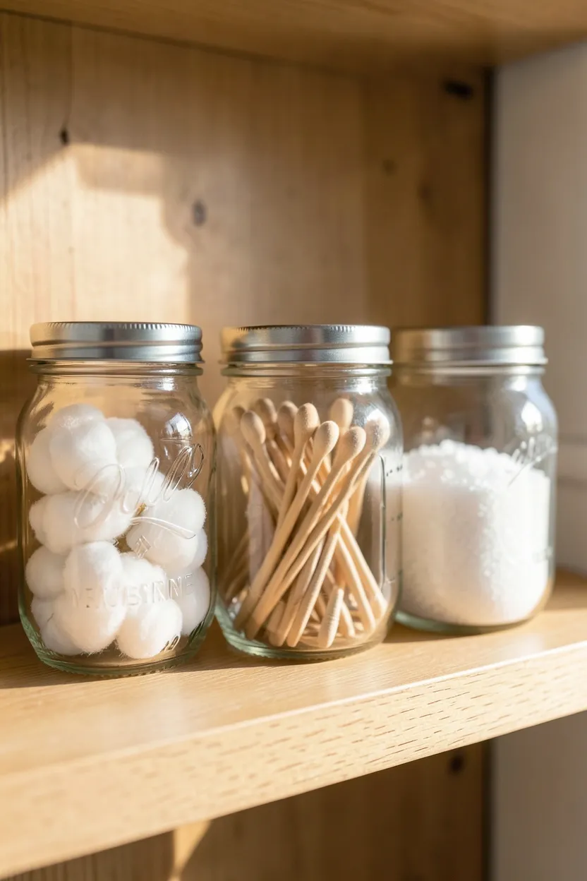Clear and blue glass mason jars mounted on a reclaimed wood board organizing cotton swabs and bath salts in a farmhouse bathroom