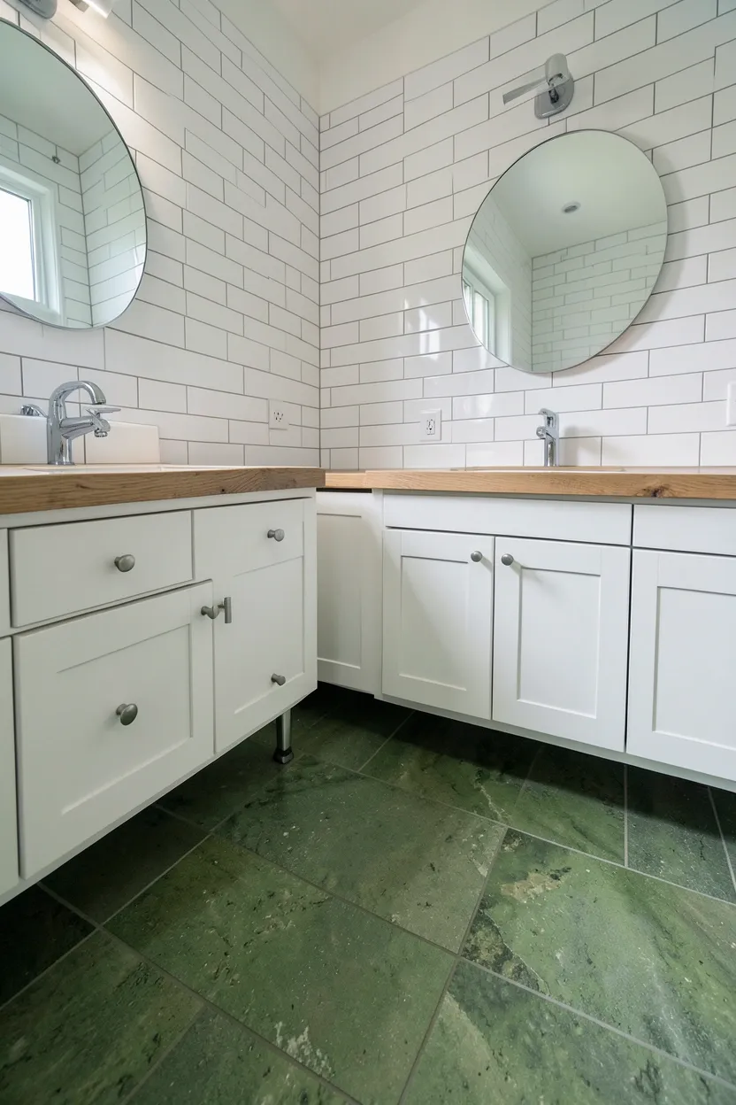 Hyper-realistic eye-level photograph of a modern earthy bathroom floor showing natural stone tiles in moss green tones with subtle variation and texture, white subway tile walls, white vanity with wood countertop, chrome faucet, small round mirror. Natural light. Materials: moss green natural stone tiles, white ceramic tiles, wood countertop, chrome fixtures. Calming green stone floor. Natural stone texture. No text, no logos, no watermarks.</p>