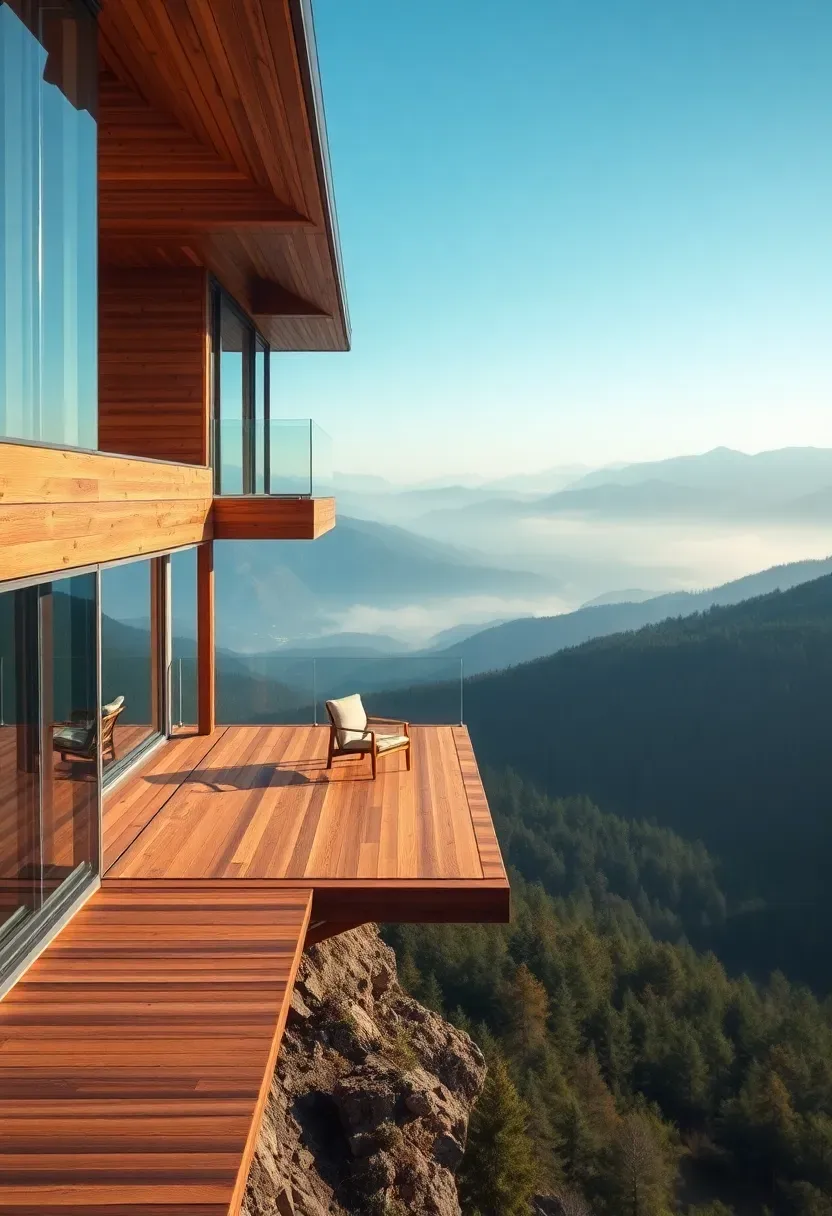 Dramatic cantilevered wooden deck extending from a hillside home over a steep forested slope with panoramic valley views and minimal railing