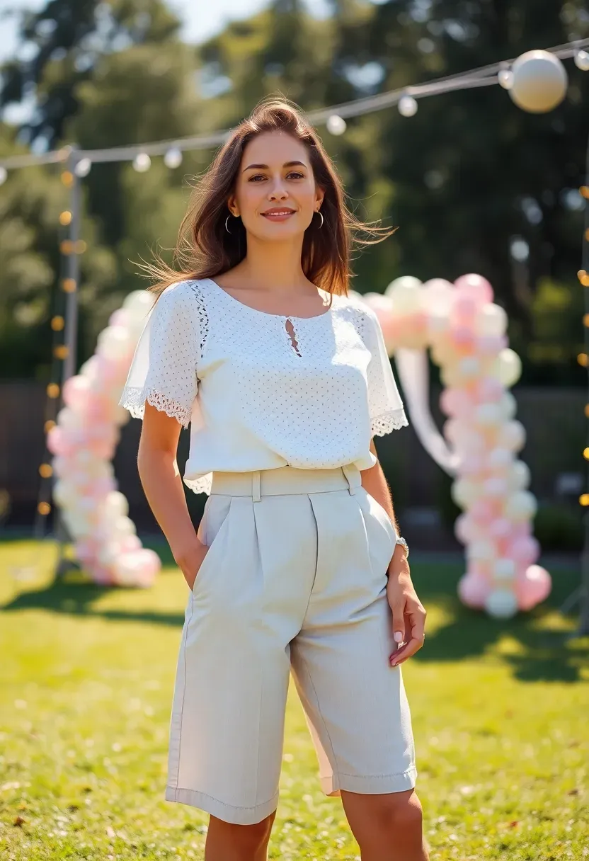 woman wearing a white eyelet cotton blouse with tailored cream shorts and wedge sandals