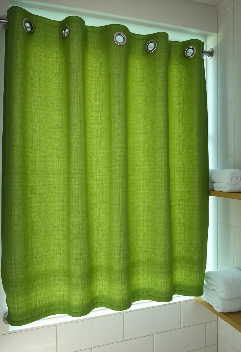 Bathroom window with outdoor-grade fabric curtain in muted sage green color chrome grommets on a stainless steel rod