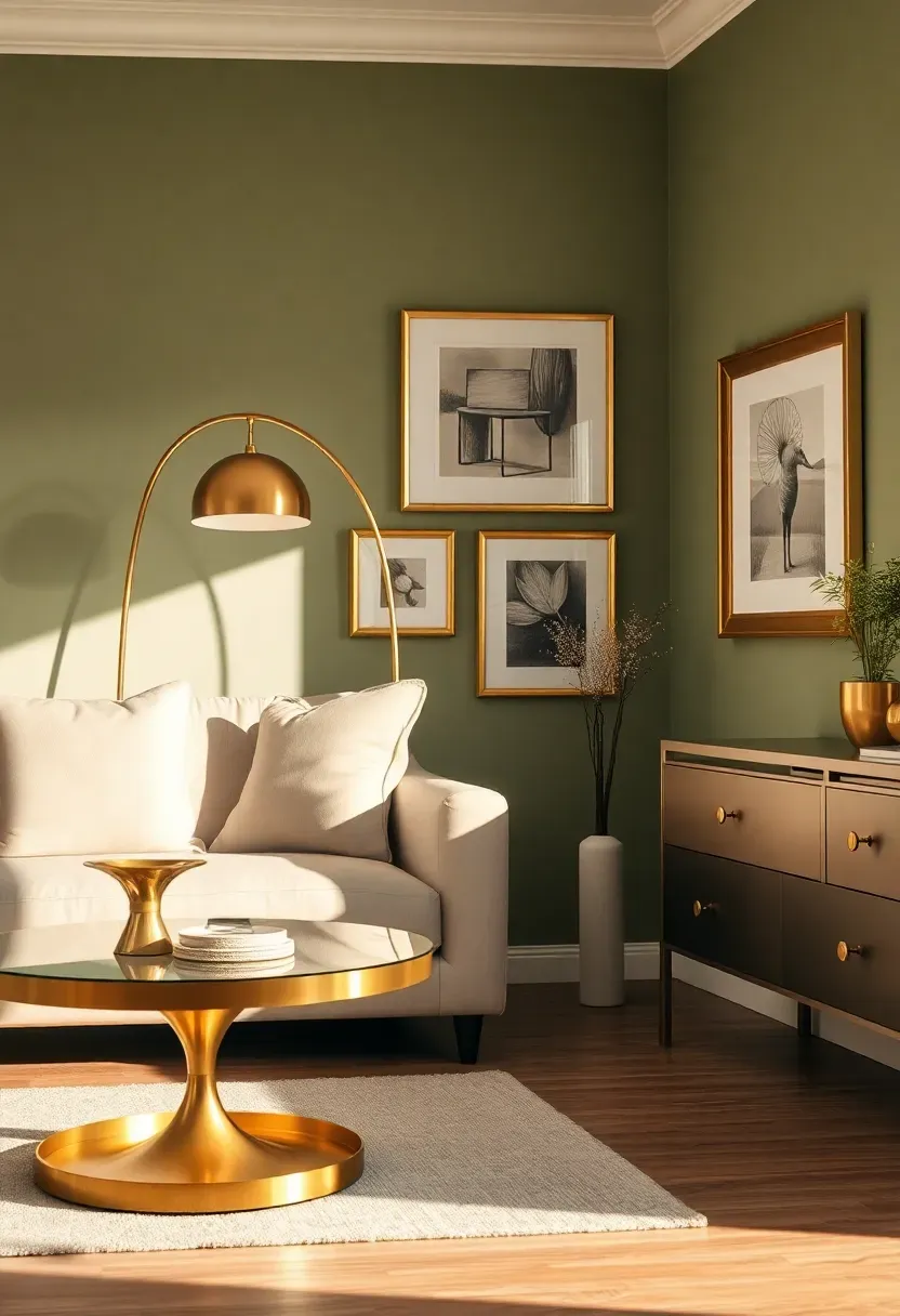 Hyper-realistic 3/4 view of a warm modern living room with sage green walls, oak floor, cream sofa, brass floor lamp with arched stem, brass picture frames on wall, brass coffee table base with glass top, brass drawer pulls on console table. Materials: sage green matte paint, oak wood, cream linen, polished and brushed brass finishes. Warm afternoon sunlight making brass glow against sage and cream, luxurious organic mood. Composition highlighting brass elements catching light. Sharp details on brass finishes and variations. No text, no logos, no watermarks.</p>