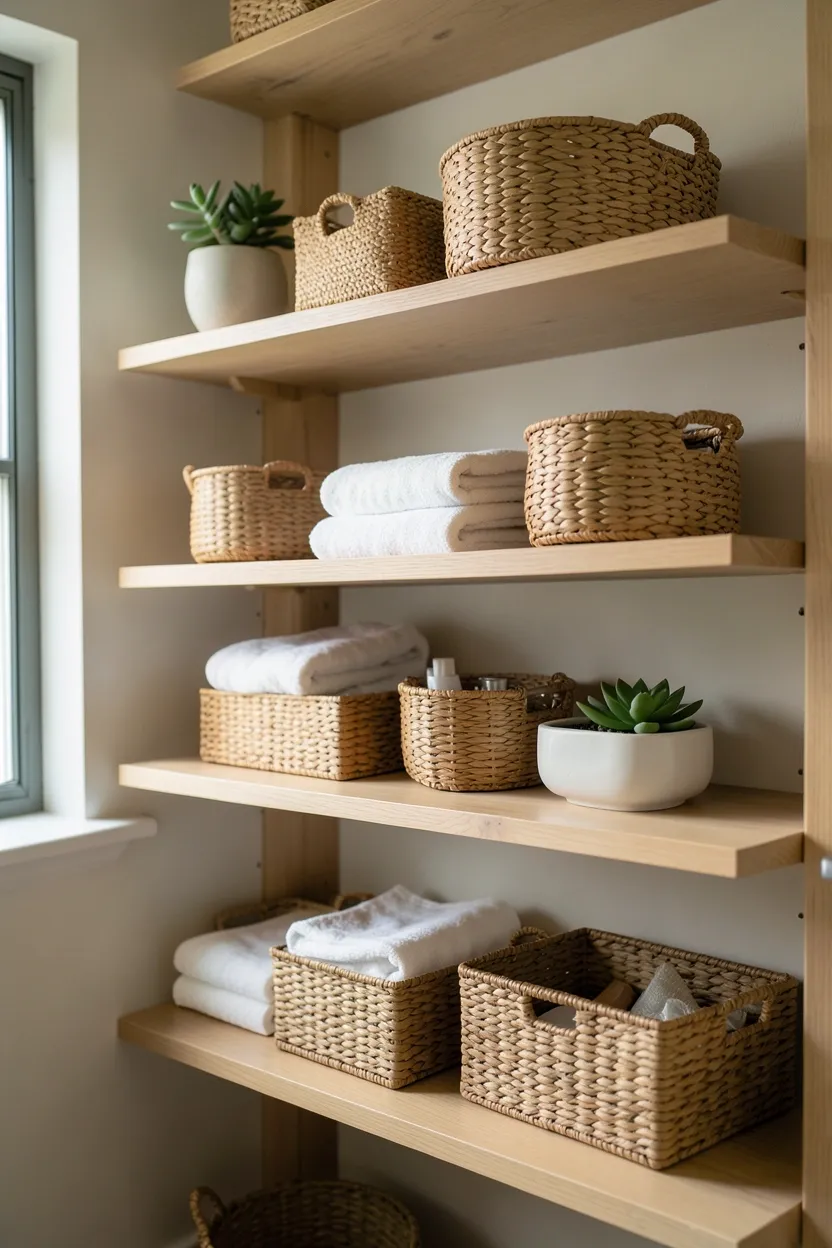 Open Shelf with Woven Basket Storage