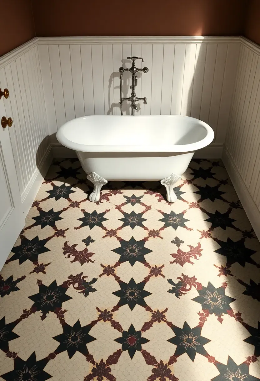 Vintage Victorian patterned tile bathroom floor with intricate black, cream, and burgundy geometric design