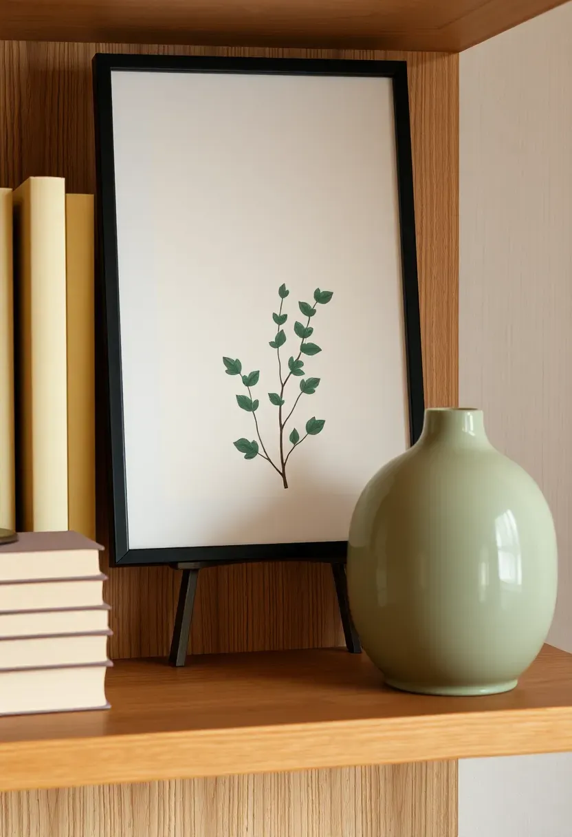A small framed print leaning against the back wall of a bookshelf section — art propped against wall between books and a small ceramic, casual and intentional, warm ambient light