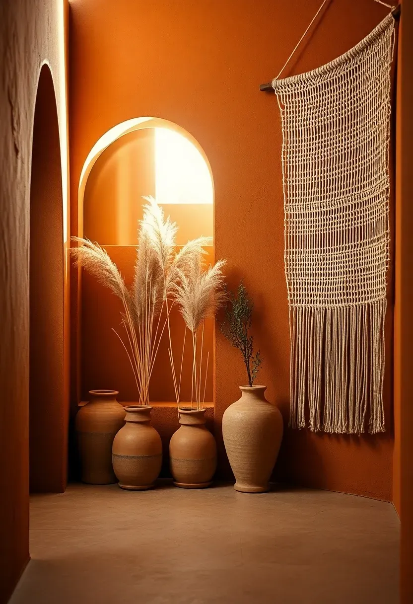 Warm desert-inspired entryway with terracotta plaster walls, arched niche, dried botanicals, woven wall hanging, and clay pot collection