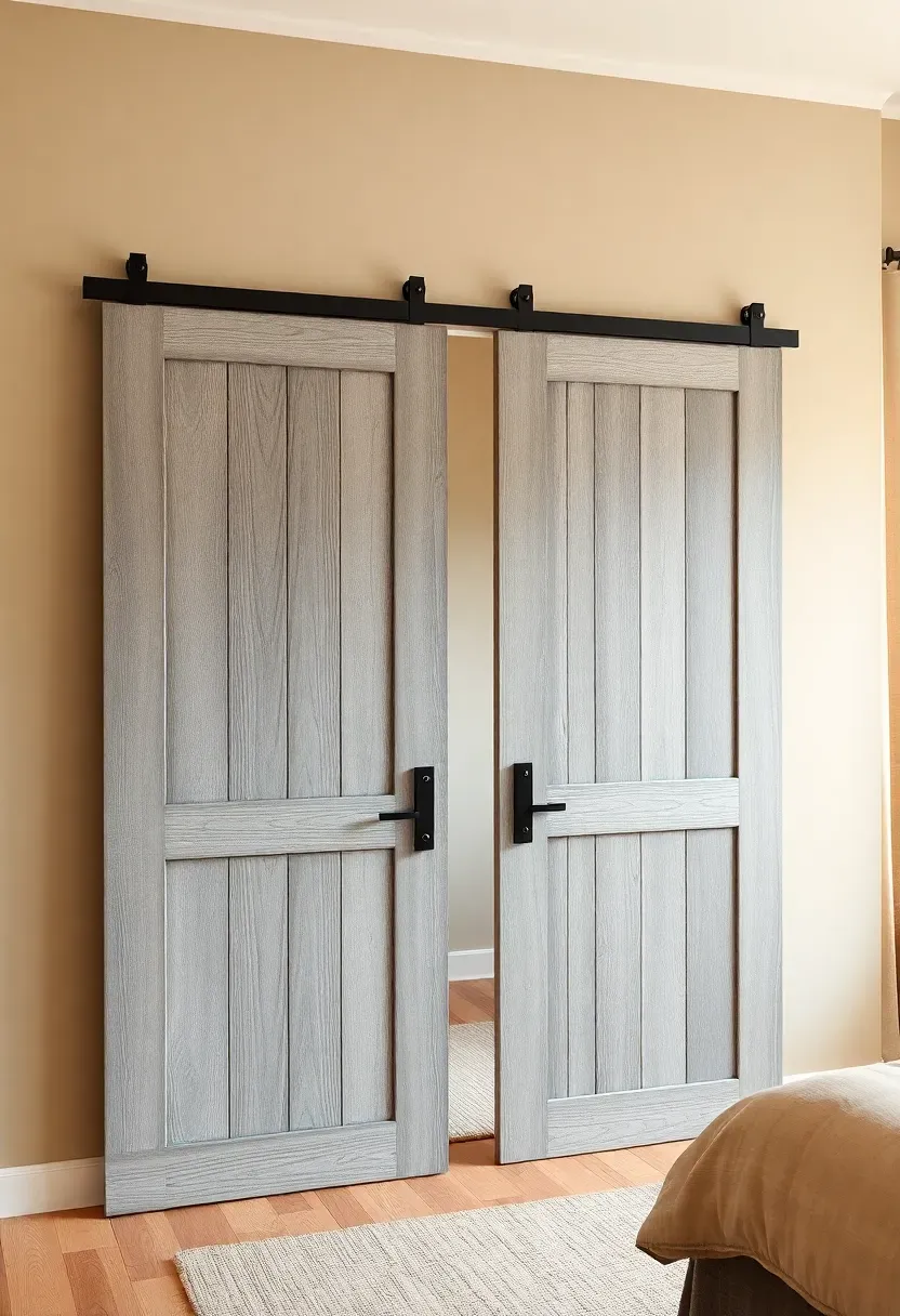 Double bypass sliding barn doors in gray weathered wood on parallel tracks covering a wide bedroom closet opening