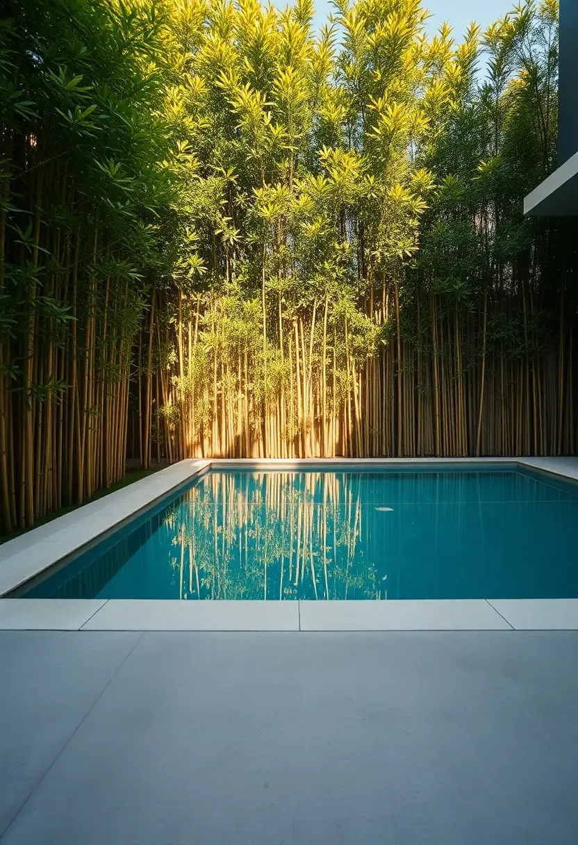 Tall clumping bamboo creating a lush green privacy wall behind a modern rectangular pool with clean concrete decking