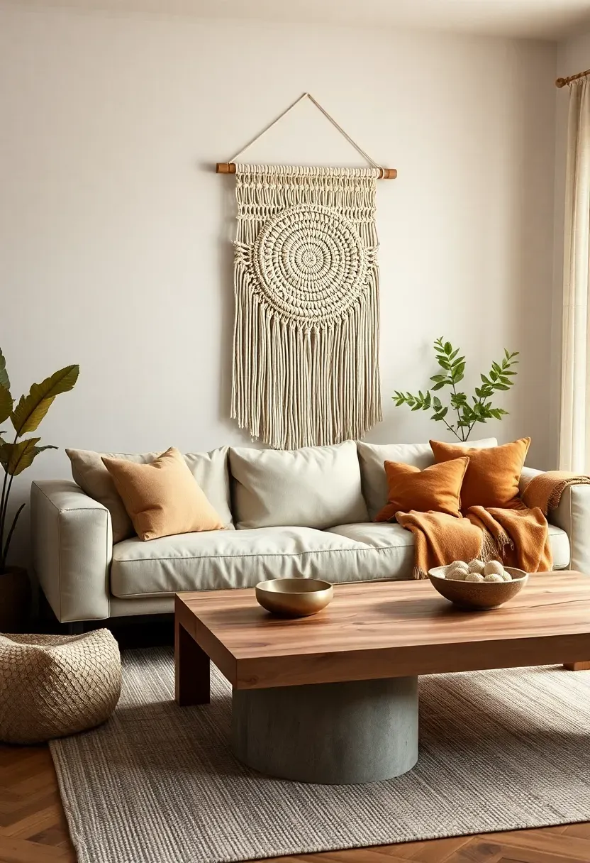 Oversized macrame wall art behind the sofa