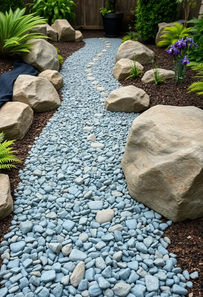 A dry creek bed made of grey and blue slate chips winding through a backyard garden with large river boulders placed along the edges and ferns on both sides
