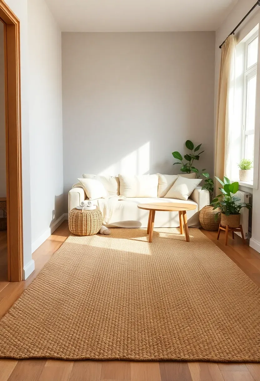 Handwoven jute rug anchoring a boho minimalist living room with earth tone furniture and natural light