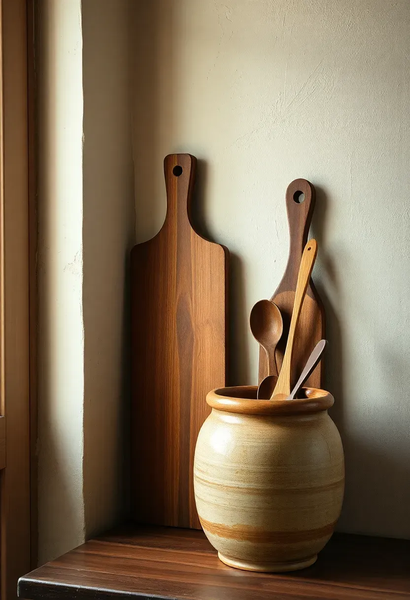 Kitchen corner with limewash plaster wall in dusty cream, a worn wooden chopping board leaning against the wall, an aged terracotta crock with wooden spoons, natural imperfect beauty