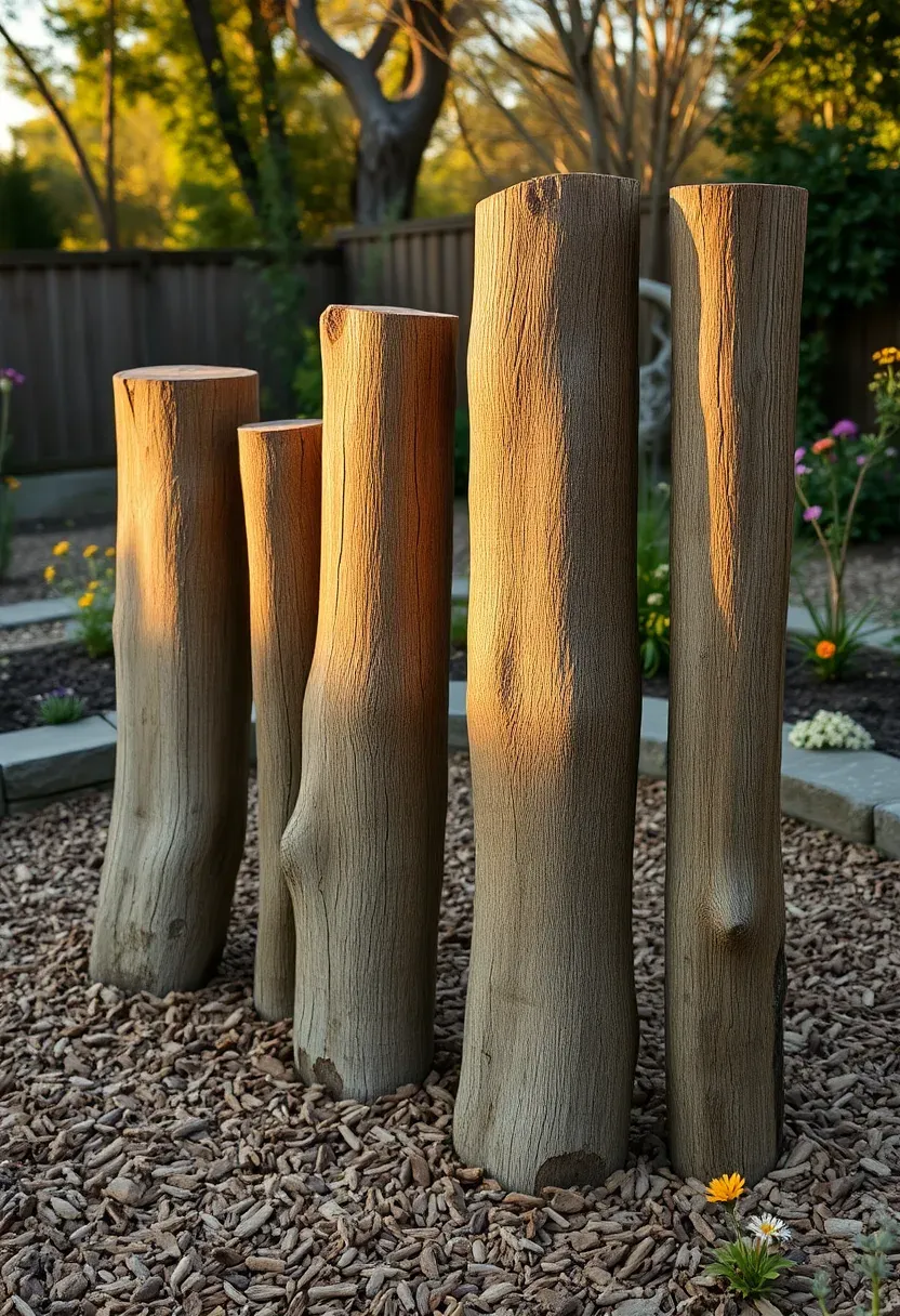 Backyard natural log climbing course with debarked logs of varying heights set into the ground amid wood chip surfacing and wildflower plantings