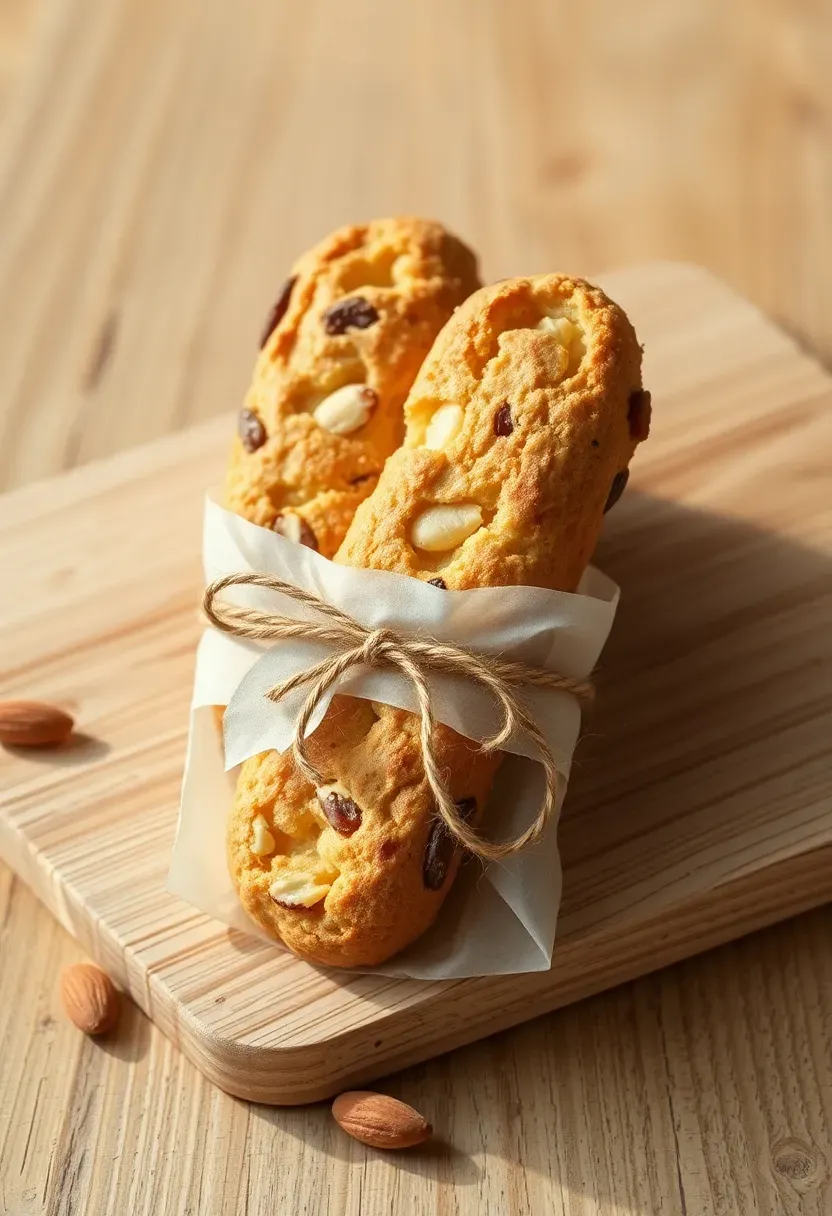 golden biscotti wrapped in parchment paper sleeve tied with baker's twine on a wooden board