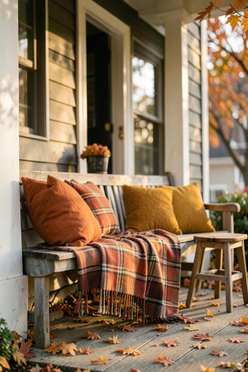 Hyper-realistic eye-level photograph of a fall front porch with a cozy wooden bench adorned with plaid throws and autumn-themed pillows. Materials: weathered cedar bench, plaid wool throw blanket, textured cotton pillows in burnt orange and mustard, small wooden side table. Soft morning light filtering through falling maple leaves, warm amber tones. Comfortable inviting atmosphere. Shallow depth of field, sharp details on throw textures, balanced composition showing front door and porch columns. No text, no logos, no watermarks.</p>