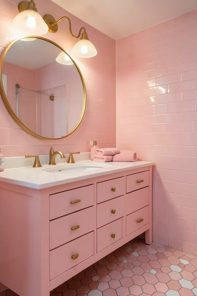 Pastel pink Bloxburg bathroom with blush cabinetry, gold drawer pulls, freestanding tub on pink platform