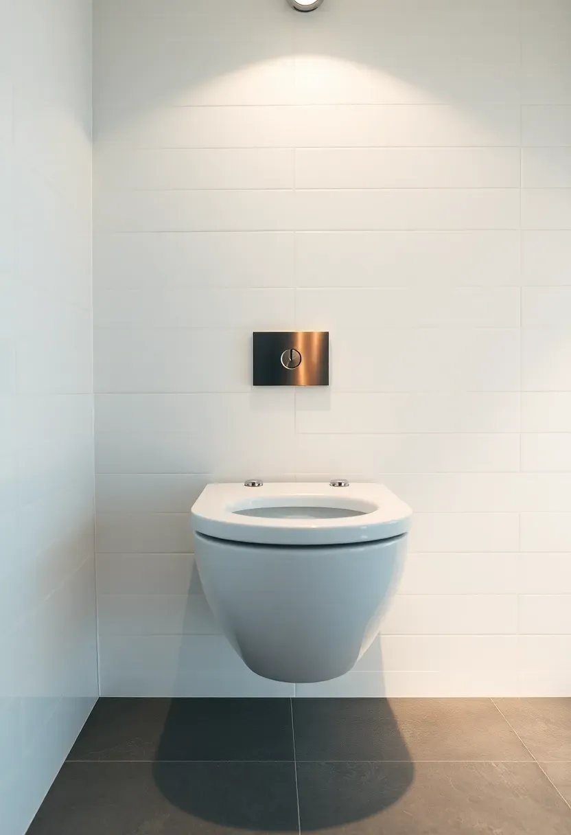 Wall-mounted toilet with concealed tank installed in a modern basement bathroom with clean tile walls