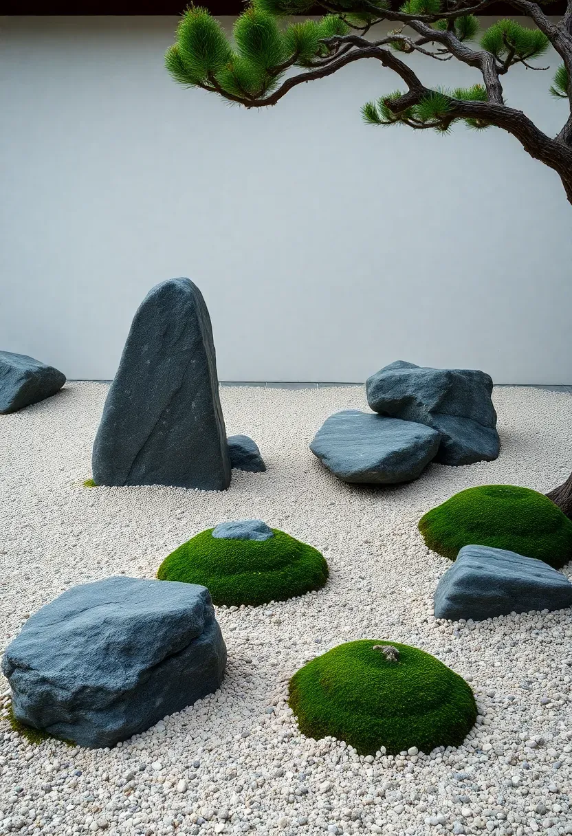 Zen dry waterfall karetaki with upright dark granite stones suggesting a frozen cascade, raked pale gravel, clipped moss mounds, and a solitary Japanese black pine