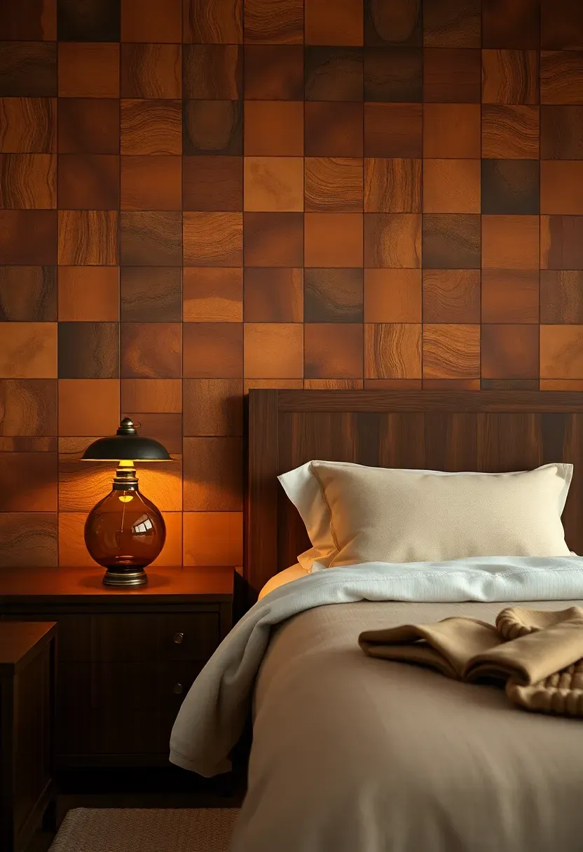 sophisticated bedroom with leather tile patchwork accent wall in mixed brown and tan tones behind a dark walnut bed with warm ambient lighting