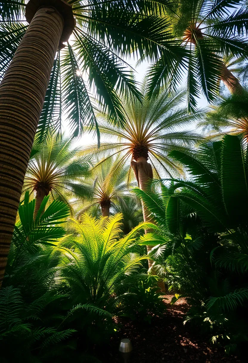 Shaded backyard corner with layered palm trees and lush fern understory creating a tropical oasis canopy garden