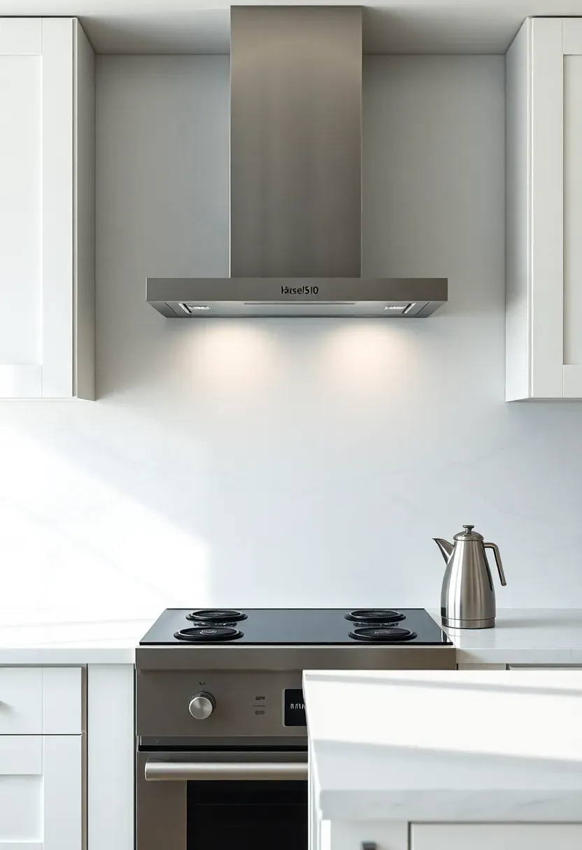 honed carrara marble slab backsplash behind white kitchen cabinets with soft gray veining and integrated range hood