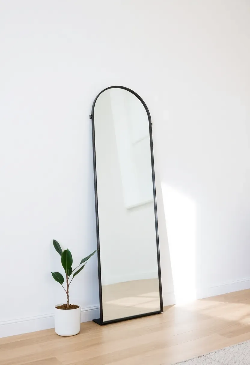 Living room with an oversized arched floor mirror leaning against a white wall, reflecting natural light from a nearby window