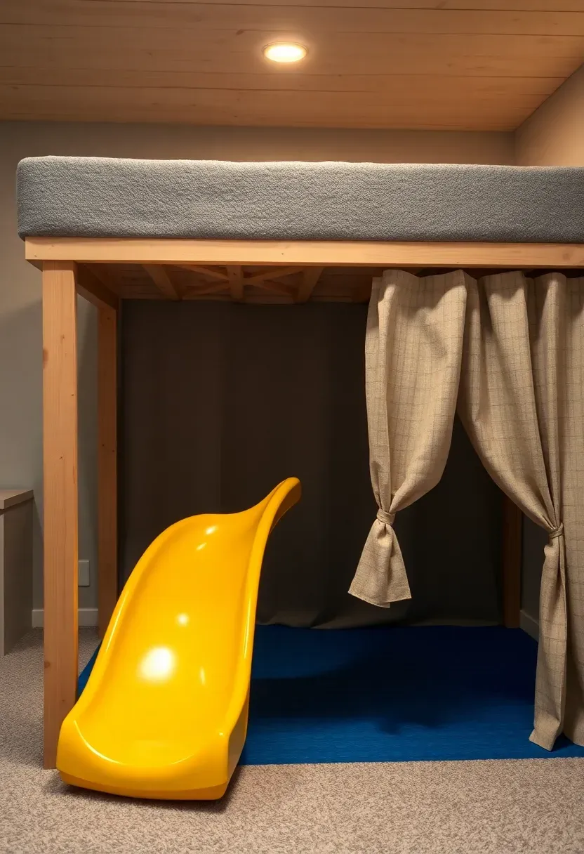 indoor slide built into raised wooden platform in colorful basement playroom
