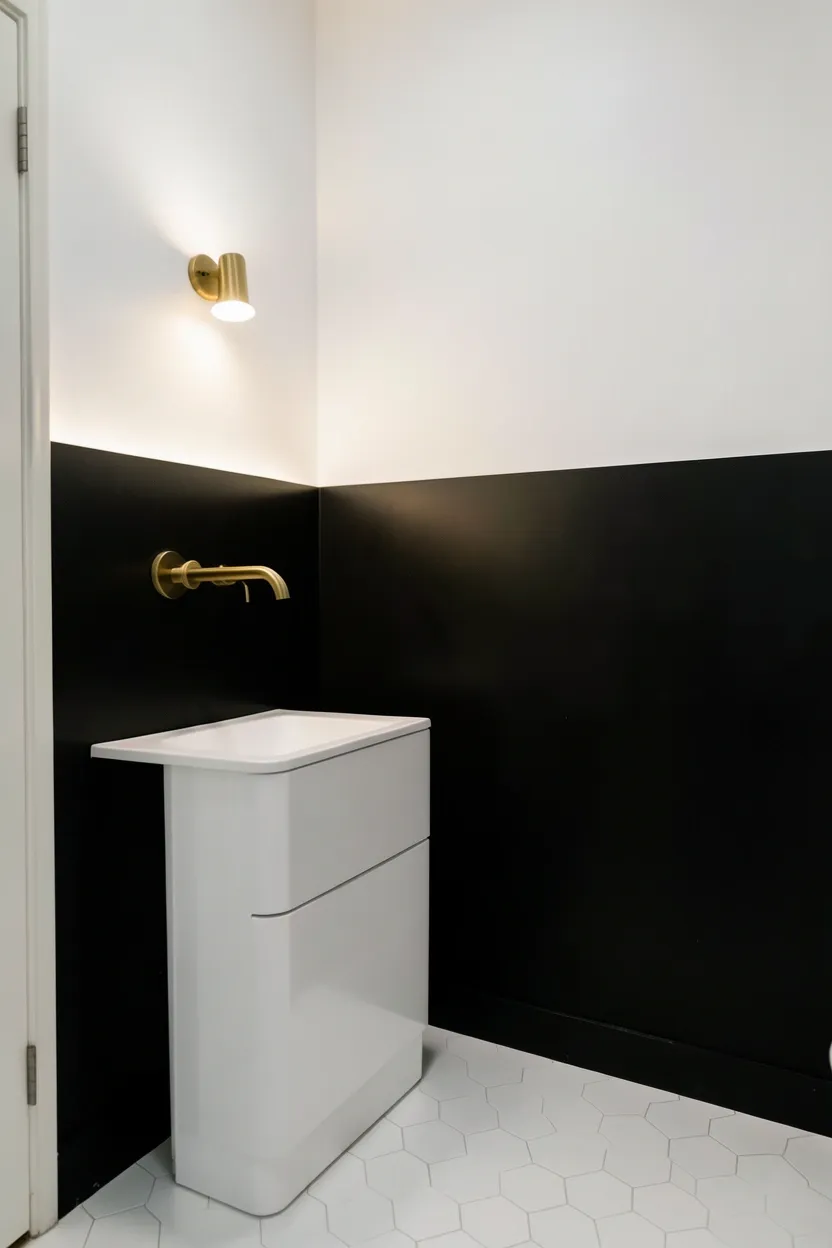 Black vertical tile strips flanking a bathroom vanity adding height and modern architectural definition