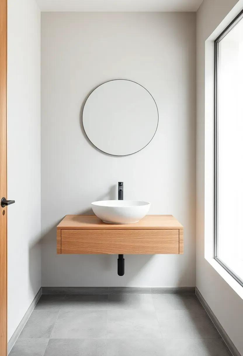 Wall-mounted oak floating vanity in a small bathroom with a vessel sink and visible floor underneath