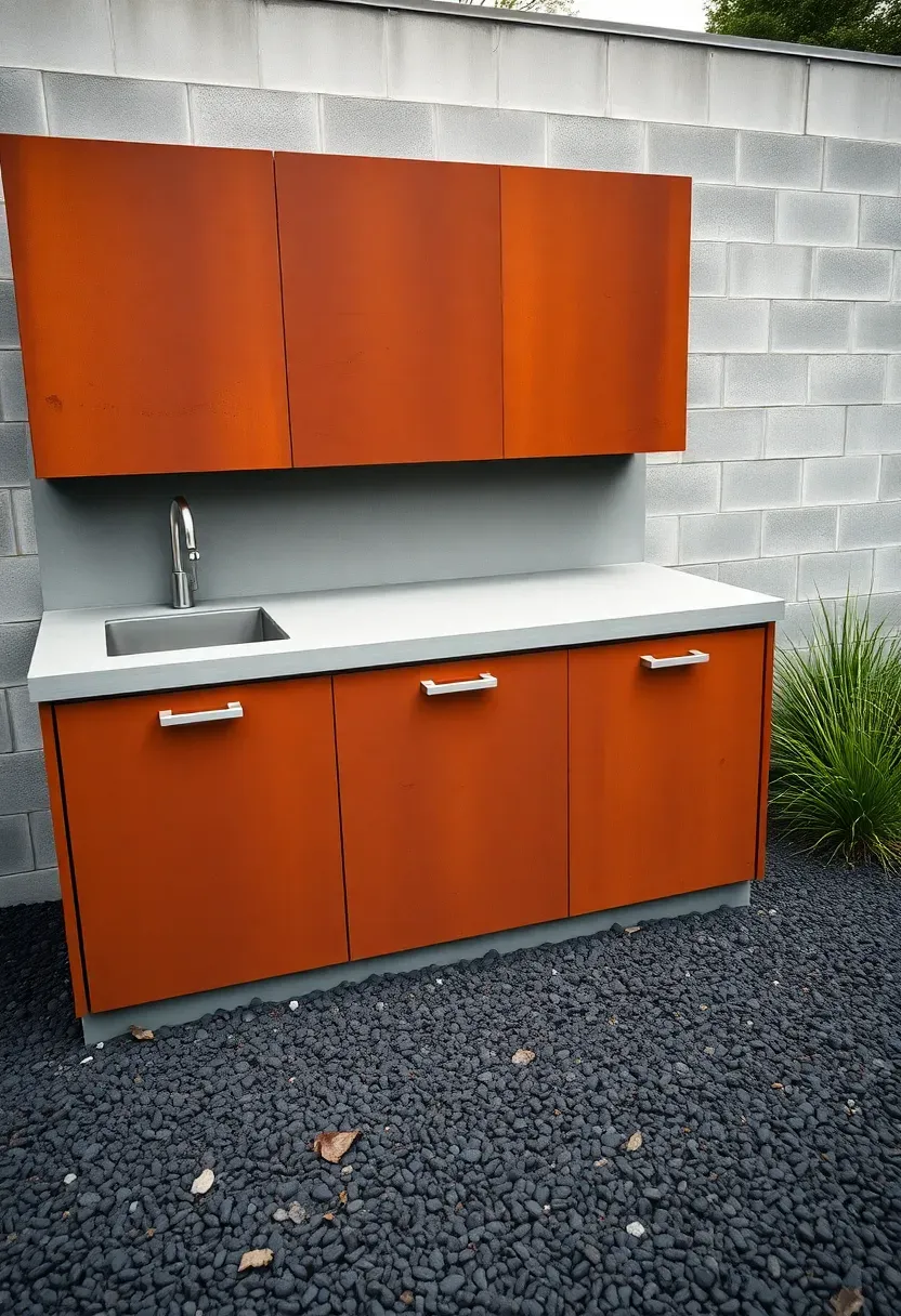 Weathered Corten steel outdoor kitchen panels with rich rust-orange patina and a concrete countertop in a modern yard