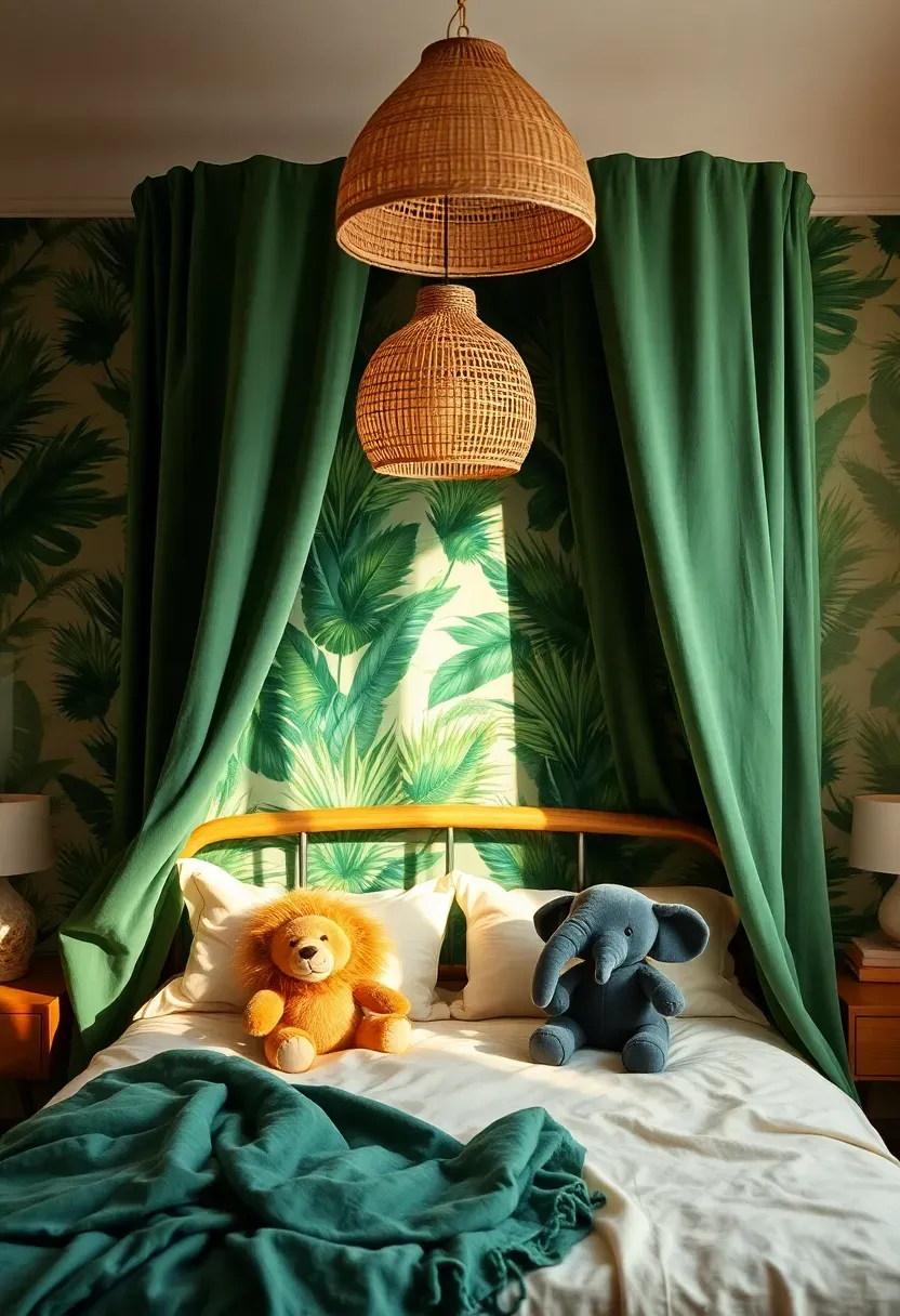 Jungle safari-themed boy bedroom with a canopy bed draped in green fabric, tropical leaf wallpaper, and plush animal toys
