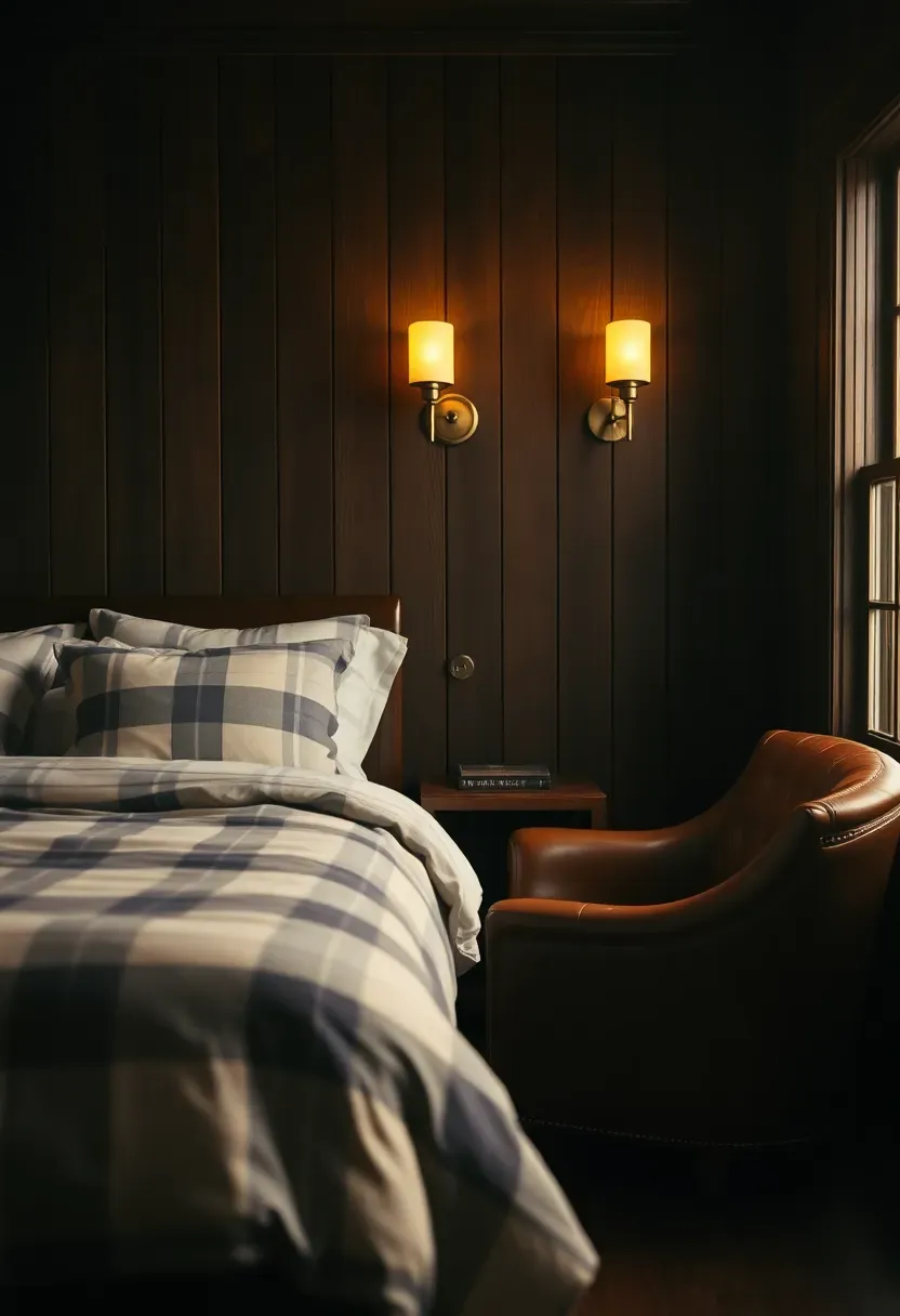 Hyper-realistic 3/4 view of cozy bedroom with dark walnut wood paneling on walls, cream plaid bedding, leather armchair in corner, brass sconces. Materials: dark walnut wood paneling with visible grain, cream and gray plaid duvet, brown leather, polished brass. Warm golden ambient light from brass sconces (2700K) enhancing wood grain, soft window light right. Traditional cozy mood, shallow depth of field with rich wood texture. No text, no logos, no watermarks.</p>