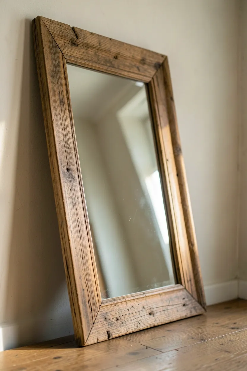 Oversized leaning floor mirror with weathered barn board frame brightening a cozy farmhouse living room