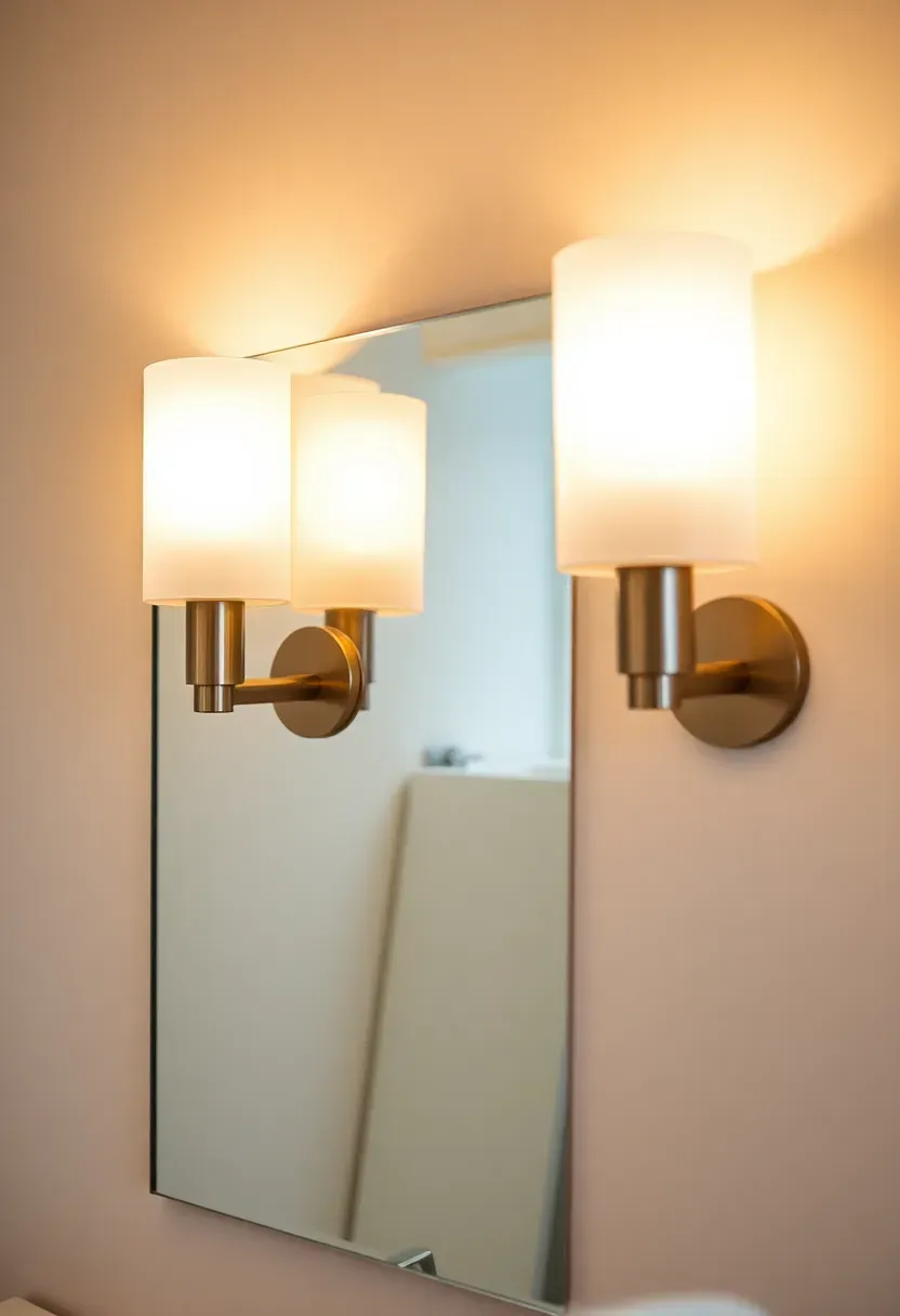 Matte black vanity light bar with Edison bulbs replacing a dated builder fixture in a small bathroom