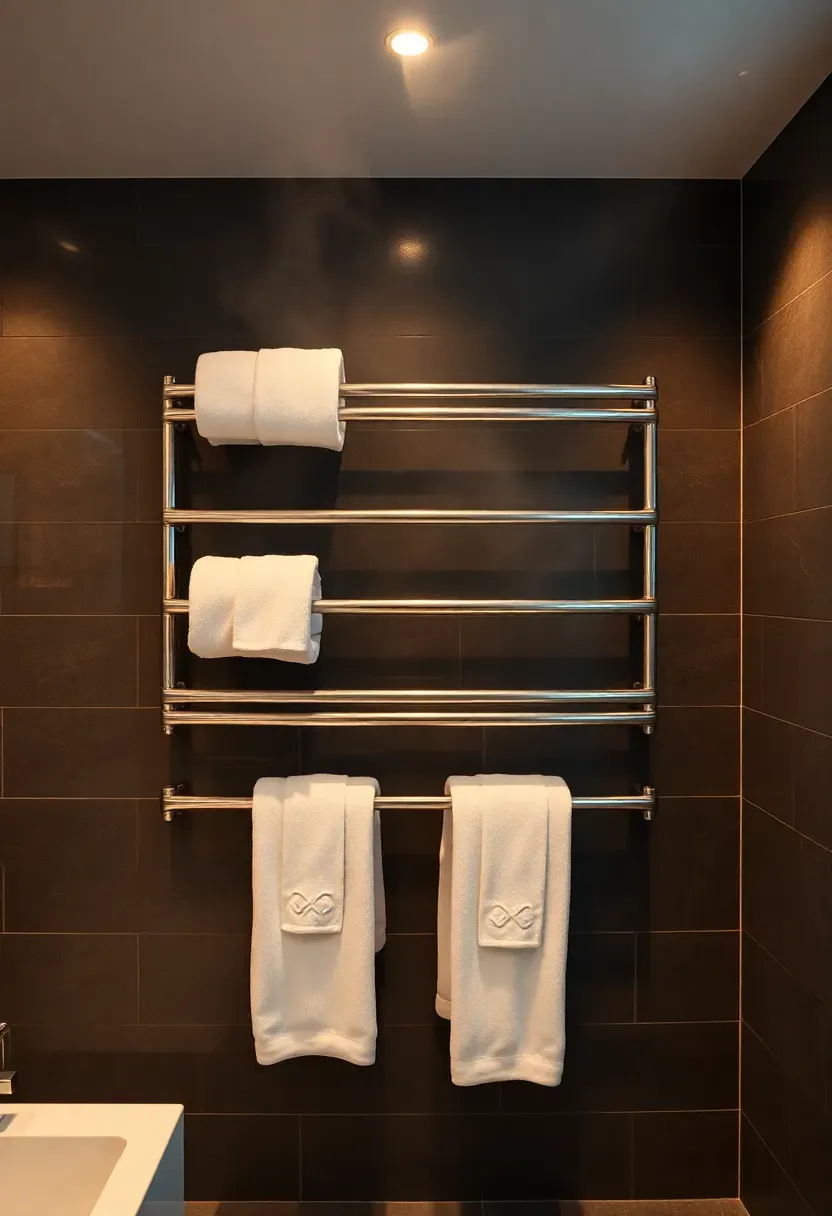Heated towel wall with multiple horizontal bars holding warm white towels in a spa bathroom