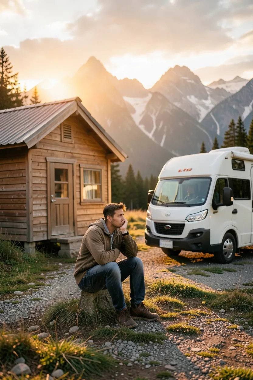 Person sitting in a cozy tiny house interior with a journal, thoughtfully evaluating lifestyle priorities for alternative housing choice