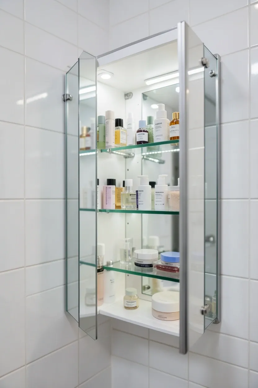 Recessed medicine cabinet with mirrored door flush-mounted into a bathroom wall, hiding toiletries behind a sleek surface