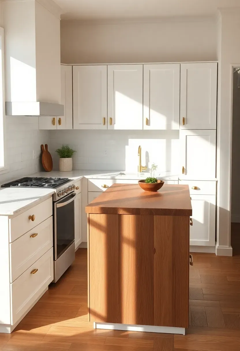 Small kitchen with white quartz perimeter countertops and a butcher block island top, showing the contrast between cool stone and warm wood surfaces