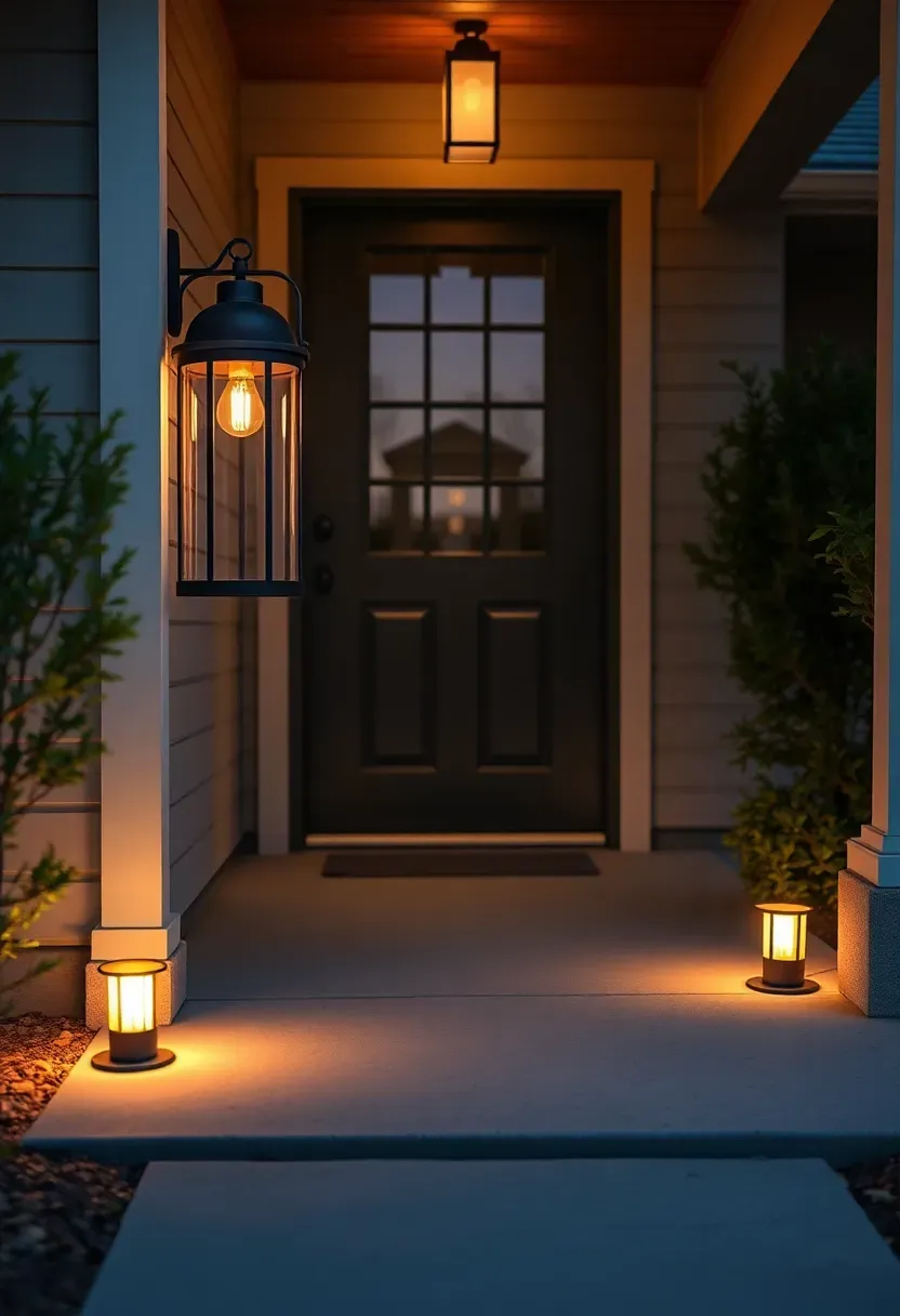 Ranch porch lighting upgrade with black lantern sconces flanking door and pathway in-ground lights