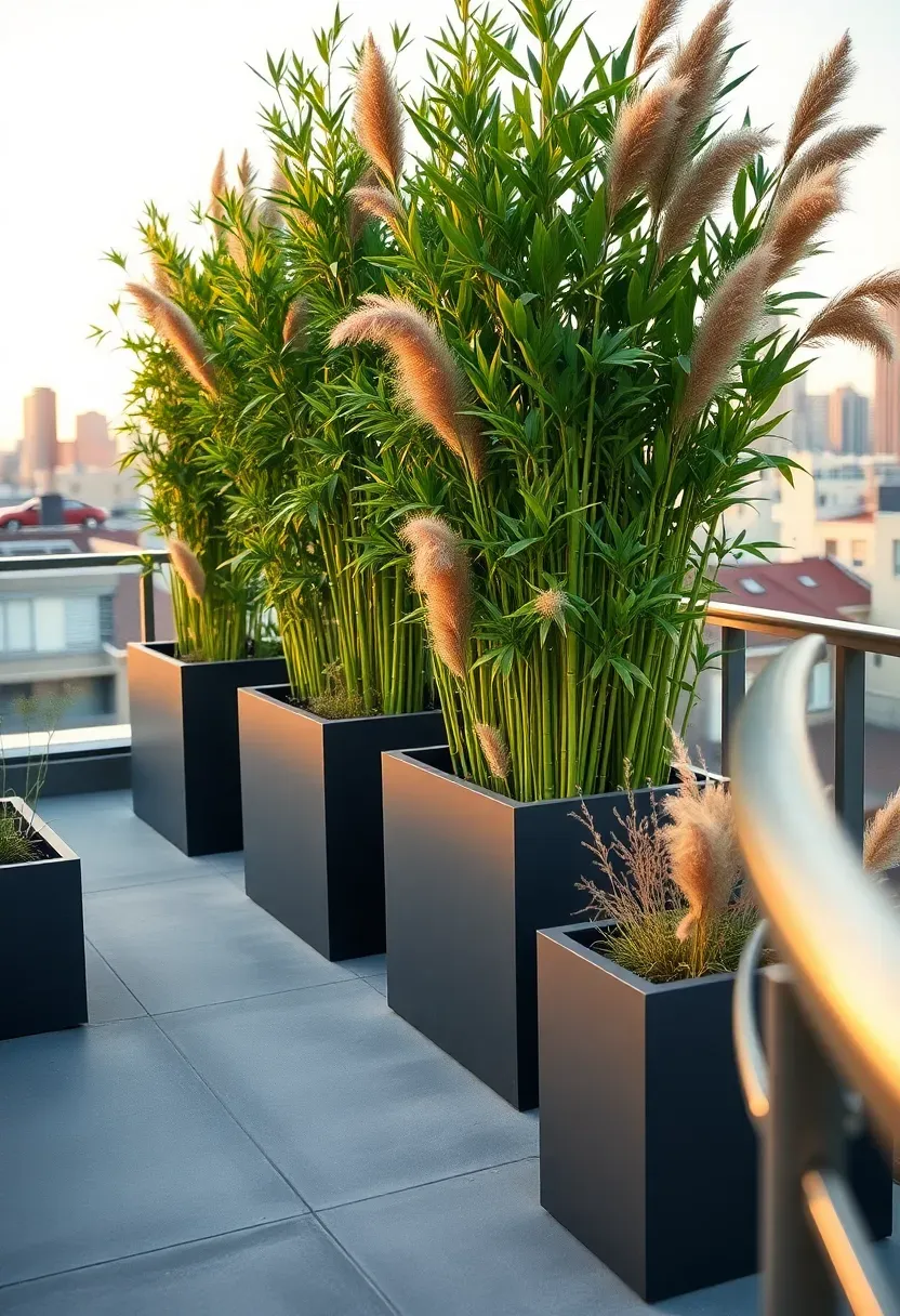 Row of tall modular planter boxes in dark gray forming a living privacy screen with bamboo and ornamental grasses on a rooftop patio