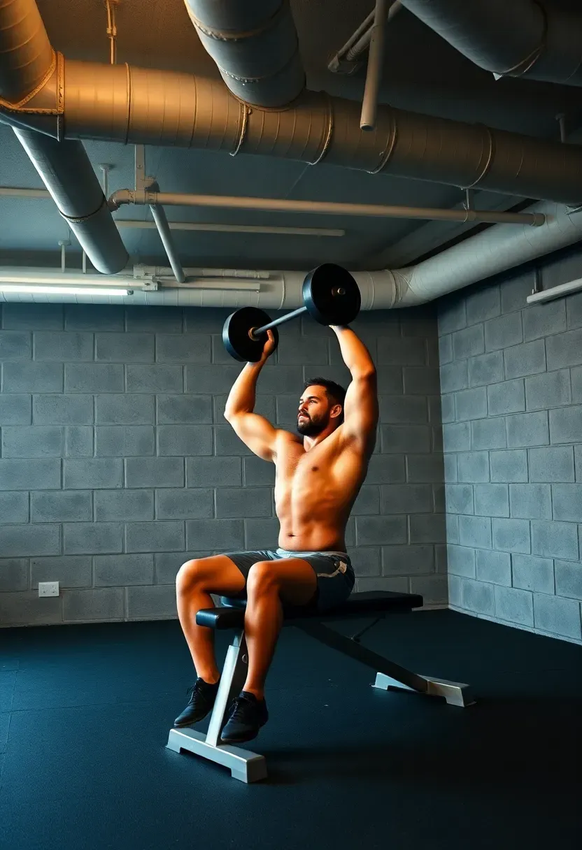 Basement gym with 7-foot ceilings showing a person doing seated overhead press on an adjustable bench under low ductwork