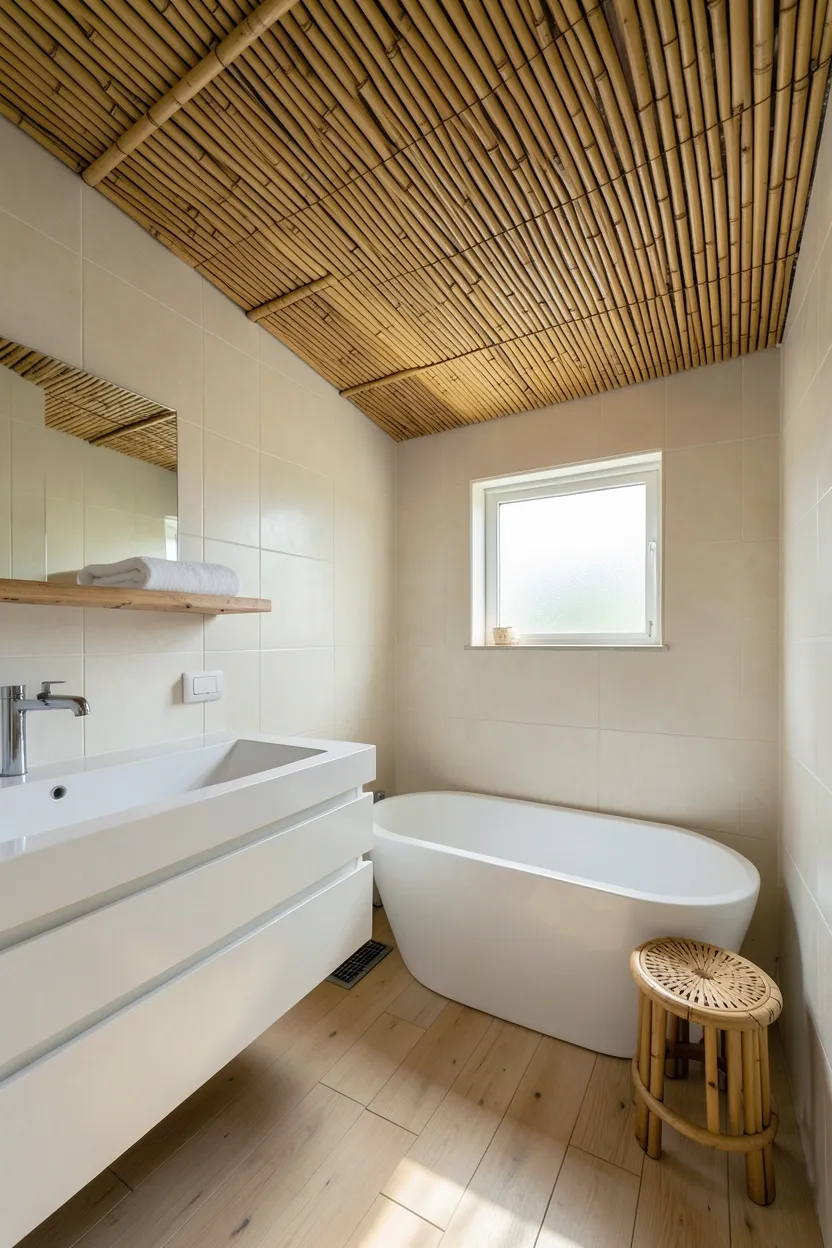 Hyper-realistic eye-level photograph of zen bathroom with bamboo accents. Ceiling features bamboo slatted panel covering entire ceiling space. Walls in pale cream ceramic tiles. Floor in light wood planks. Floating vanity in white ceramic with bamboo shelf above holding rolled white towel. Small window with frosted glass. Minimal space: white freestanding tub in corner with bamboo stool beside it. Soft natural morning light filtering through bamboo ceiling creating subtle shadows. Materials: bamboo, ceramic, wood. Natural organic mood. Focus on bamboo ceiling texture. No text, no logos, no watermarks.</p>