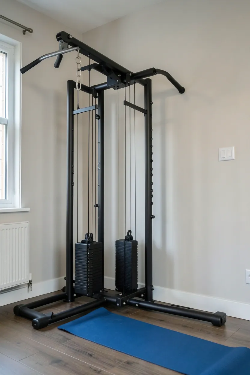 Compact freestanding cable machine with high and low pulley positions against an apartment wall — minimal home gym strength training equipment