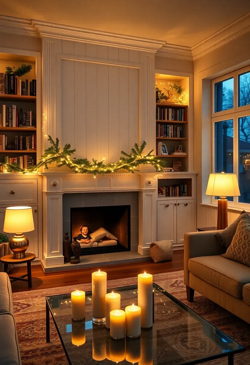 Hyper-realistic wide shot of living room at dusk featuring layered warm white lighting: LED micro lights along white wooden mantel, string lights woven through built-in bookshelves with books and pine branches, table lamps with cream shades in corners, three pillar candles of varying heights on glass coffee table. Materials: brass lamp bases, beeswax candles, glass, dark wood bookshelves. Warm golden light from multiple sources (2700K) creating cozy pools of illumination, soft shadows on beige walls, visible window with blue twilight sky. Intimate holiday mood like Dwell magazine, balanced composition showing full room depth, rule-of-thirds lighting. No text logos watermarks.</p>