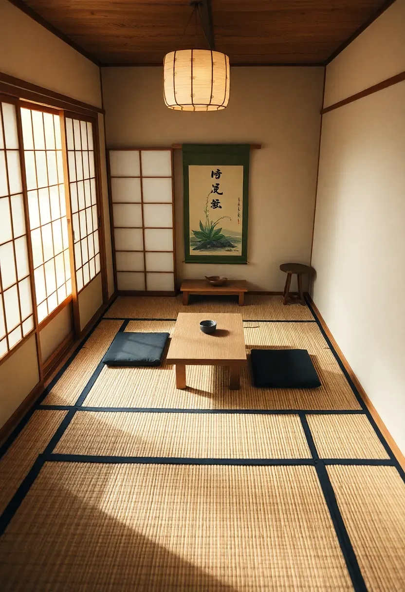 Hyper-realistic high-angle view of small tatami room (4.5 tatami mats) in Japanese tiny house. Rush-covered tatami mats with black cloth borders, low chabudai tea table, two zaisu floor chairs, tokonoma alcove with scroll and ikebana arrangement. Shoji screen to left. Materials: natural straw tatami, light wood table, cream wall surfaces, paper lantern overhead. Soft natural light from shoji, creating peaceful shadows on tatami texture. Shallow depth of field showing tatami weave and ikebana details. Authentic Japanese minimalist living mood.</p>