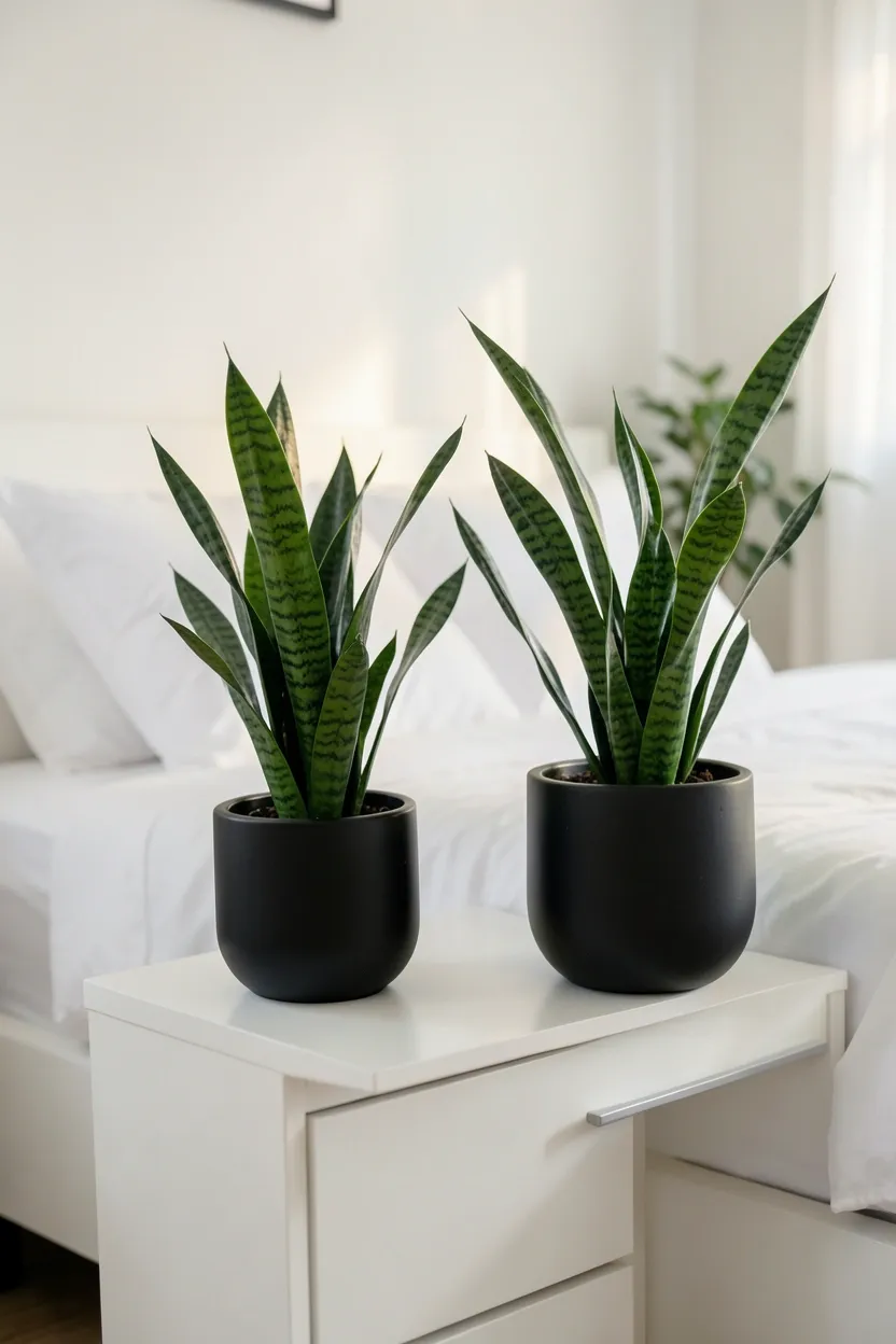 Green houseplants in black and white ceramic pots on a bedroom shelf adding natural color to a monochrome room