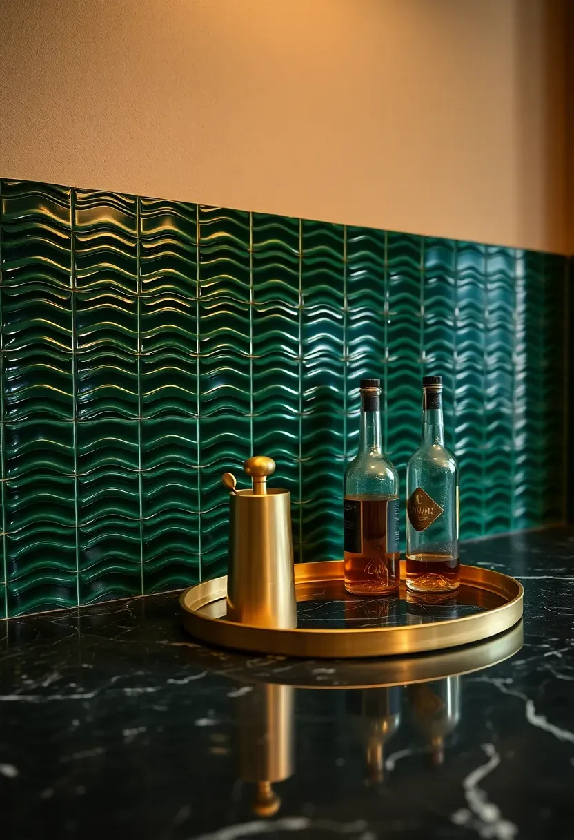 dark green zellige tile bar backsplash with undulating surface and brass bar accessories