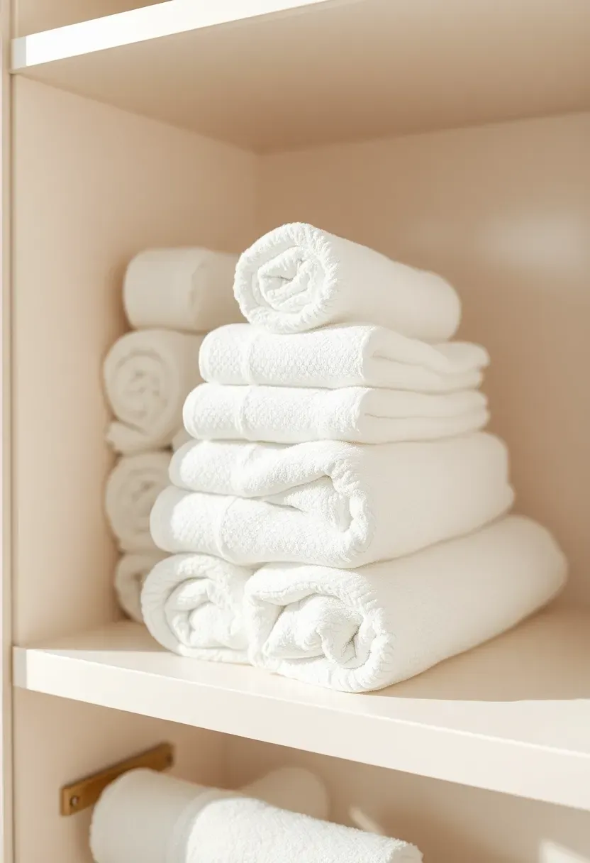 Linen closet shelf with white bath towels rolled tightly and arranged in pyramid stack instead of folded flat, showing texture of terry cloth