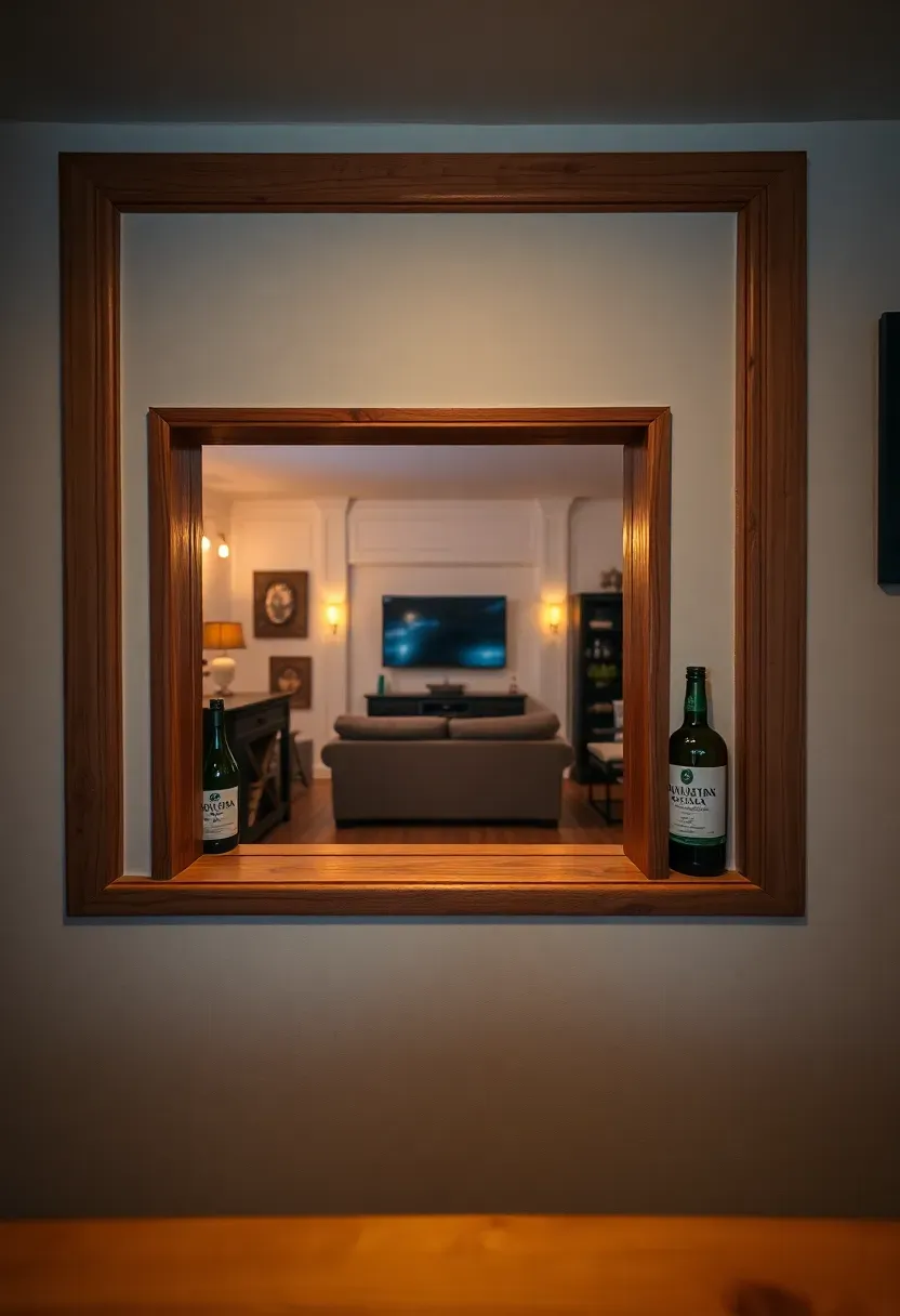 Basement bar with a pass-through window cut into an interior wall, allowing drinks to be handed to the adjacent room, with a small counter on each side