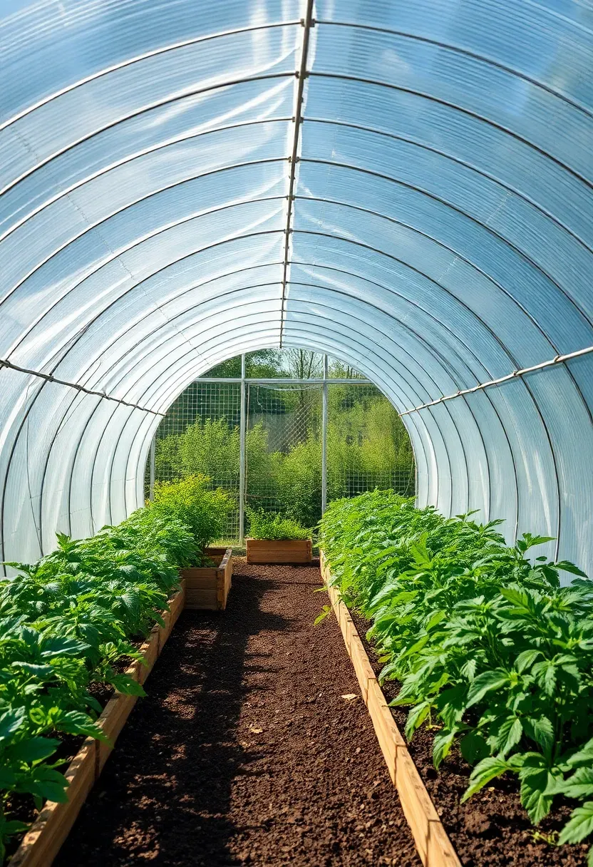 An arched hoop house greenhouse made from cattle panels covered in greenhouse plastic in a backyard vegetable garden